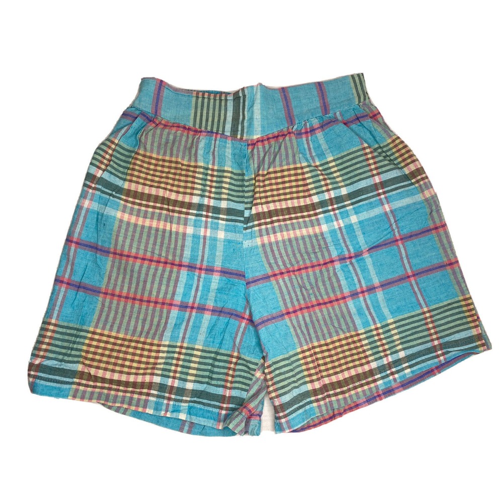 Pleated Linen Shorts Womens Large Sans Sel Plaid High Waist Coastal Casual